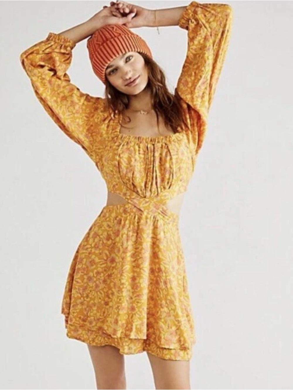 Free People Jael printed Yellow Floral Cutout Mini Dress. Size S
